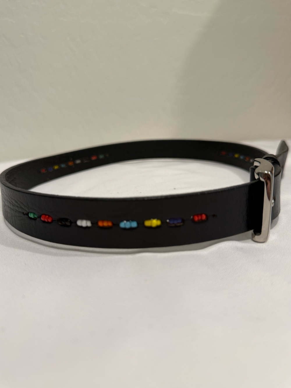 GUESS Black Genuine Leather Belt Multicolor Hand Stitch Accent  Size M